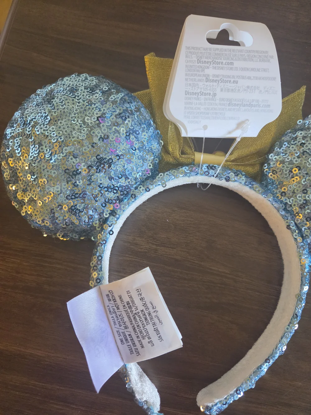 Disney~Parks Minnie Mouse Ears Walt Disney-World Blue Sequins Gold Bow Headband,